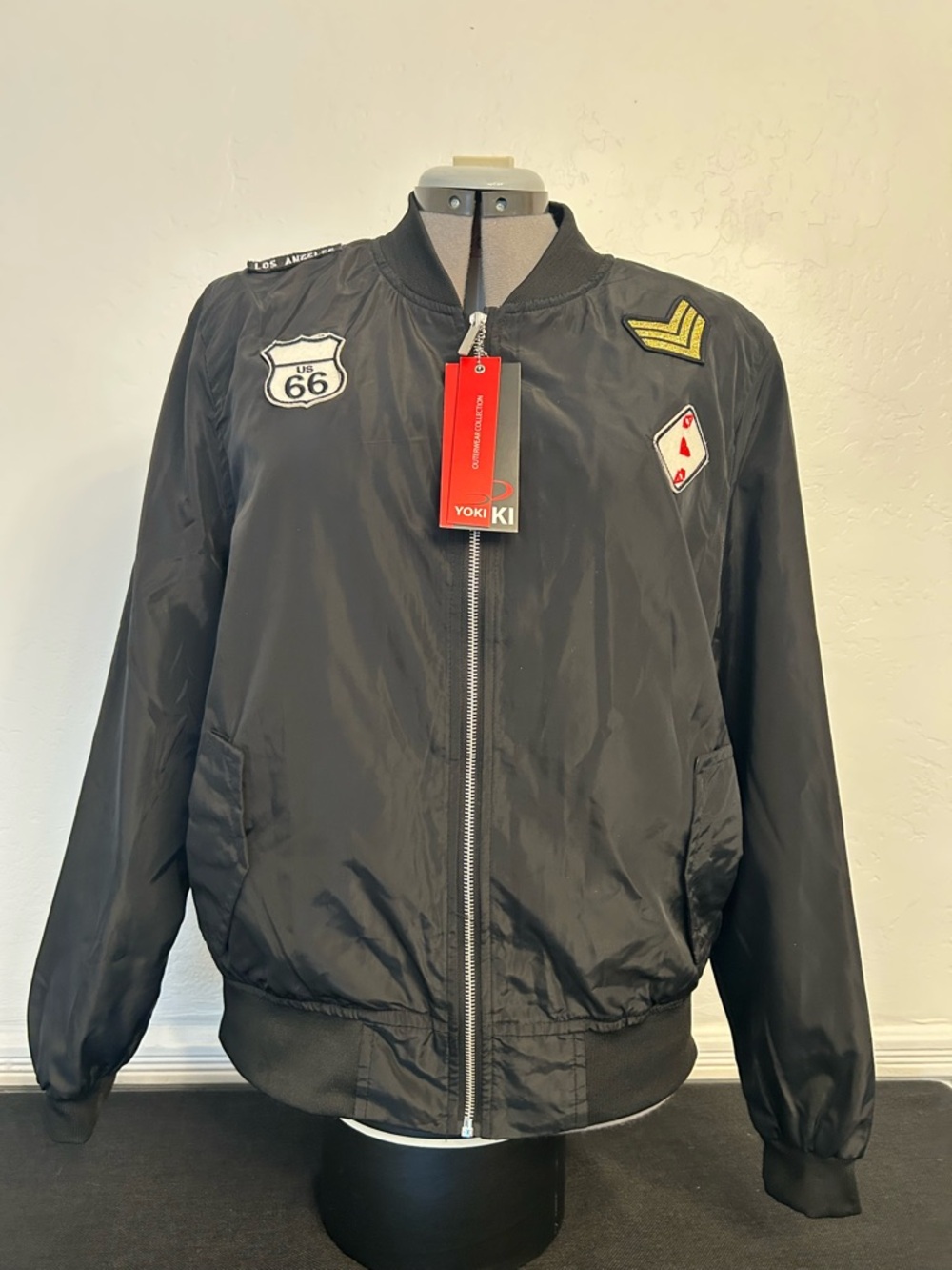 Yoki Black Bomber Jacket with Patch Accents
